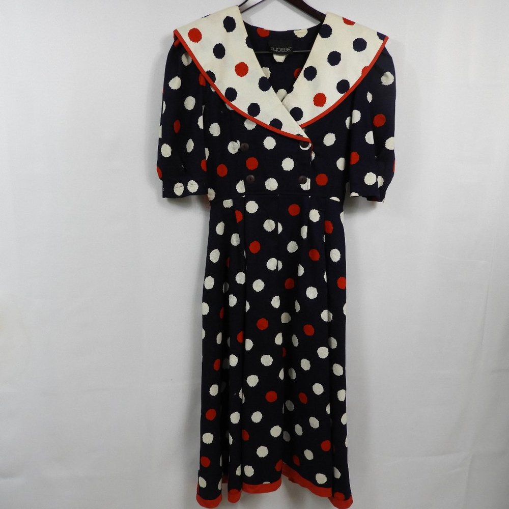 I73 Vintage Phoebe Navy Red White Polka Dot Sailor Dress